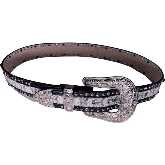 Black Leather &‎ White Lace Jewel Studded Western Belt - Picture 5 of 11